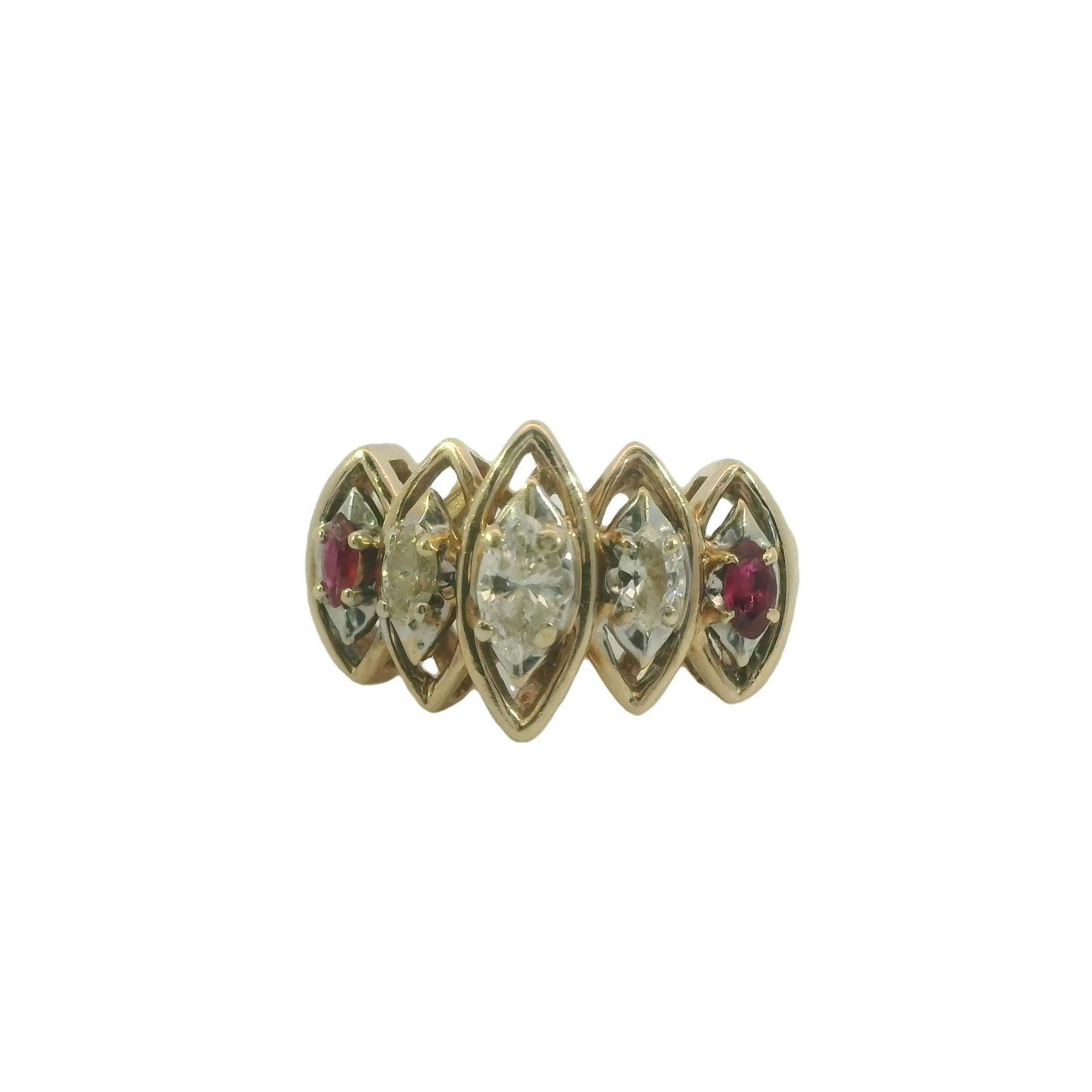 Ruby & Diamond Ring.: Ladies Ruby & Diamond Ring. This exquisite ring features a stunning arrangement of marquise-cut gemstones set in a luxurious gold band. The alternating pattern of clear diamonds and red rubi's gems cr