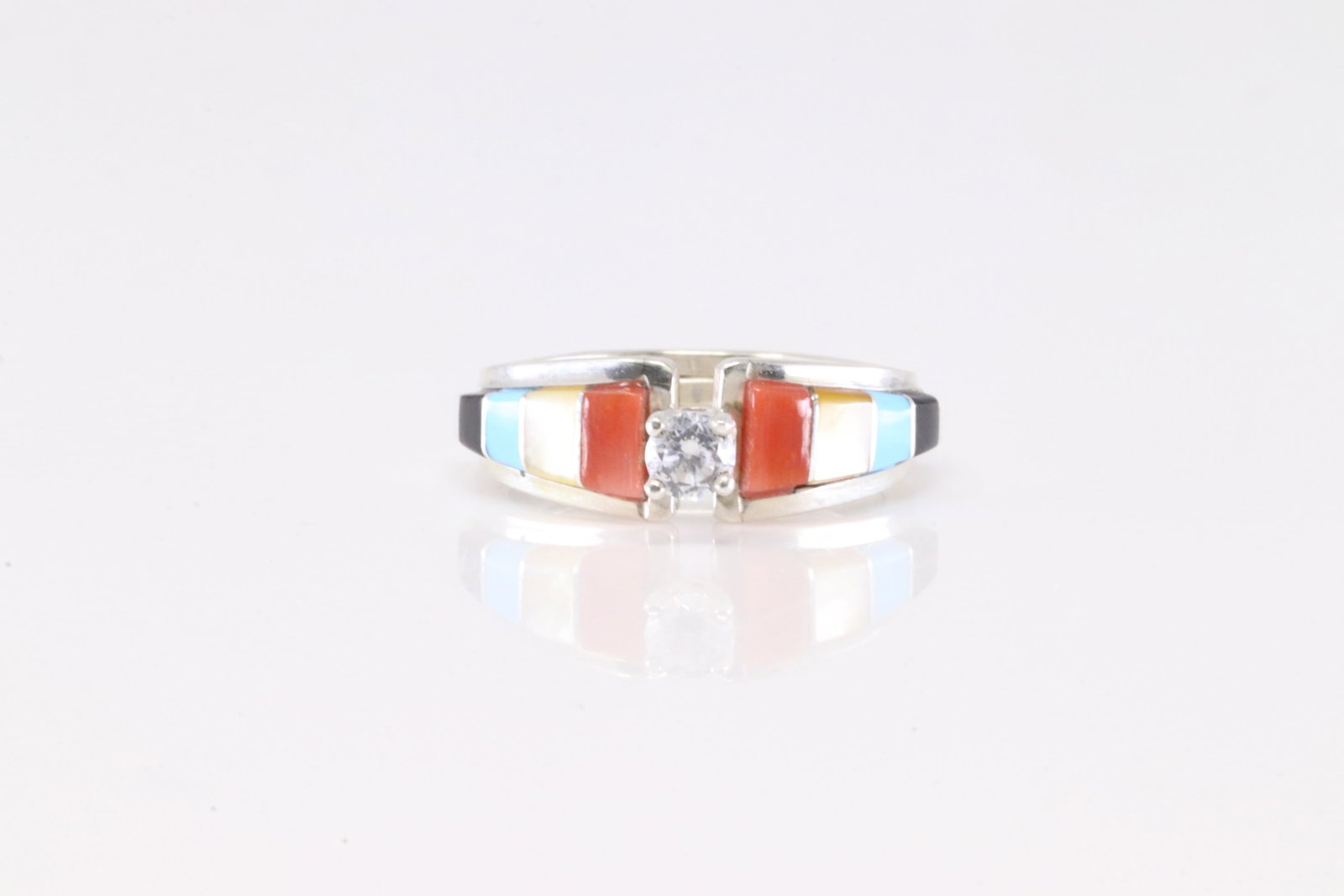 Native America Zuni Sterling Silver Multi-Color Stone Inlay Engagement Ring By M.J.S.: This is a Native America Zuni Sterling Silver Multi-Color Stone Inlay Engagement Ring By M.J.S. Ring size: 7.00.