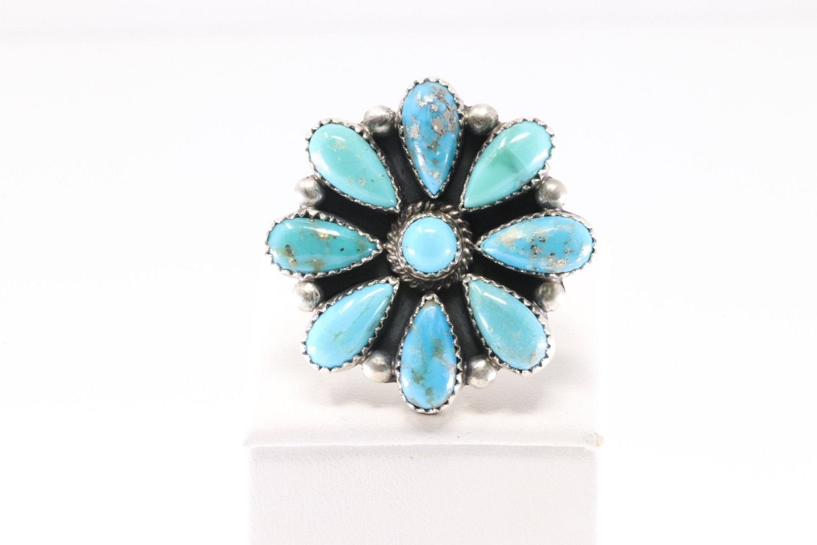 Native America Navajo Sterling Silver Turquoise Flower Ring By T. Smith. (1 of 4)