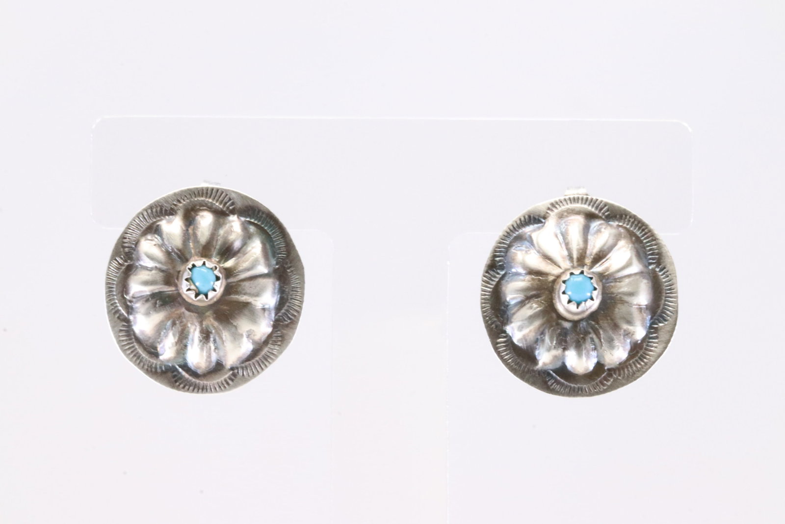 Native America Navajo Sterling Silver Turquoise Conch Post Earring's By Joan Begay.: This is a Native America Navajo Sterling Silver Turquoise Conch Post Earring's By Joan Begay.