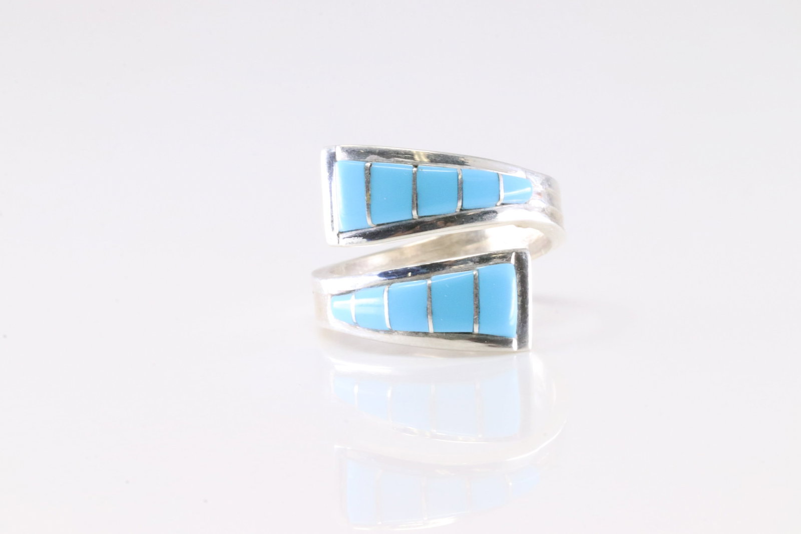 Native America Navajo Sterling Silver Turquoise Inlay Bypass Ring By MJS.: This is a Native America Navajo Sterling Silver Turquoise Inlay Bypass Ring By MJS. Stamp MJS. Ring Size: 5.50.