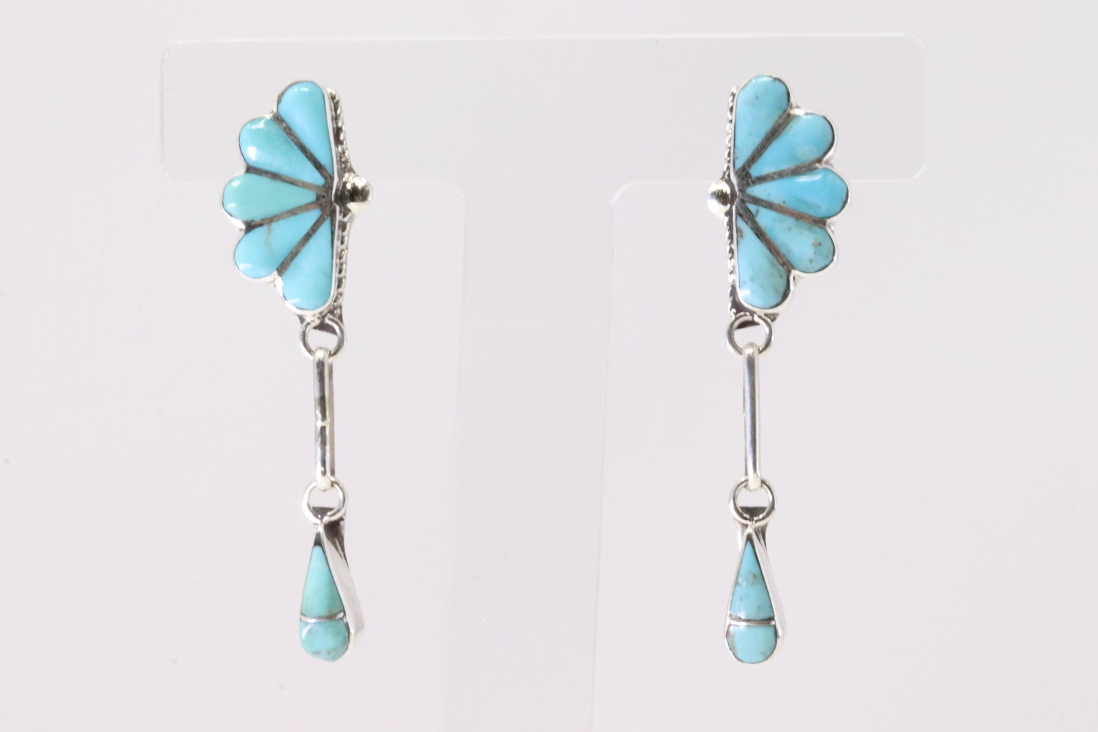 Native America Zuni Sterling Silver Kingman Turquoise Post Dangling Earring's By Velda Nastacio.: This is a Native America Zuni Sterling Silver Kingman Turquoise Post Dangling Earring's By Velda Nastacio.
