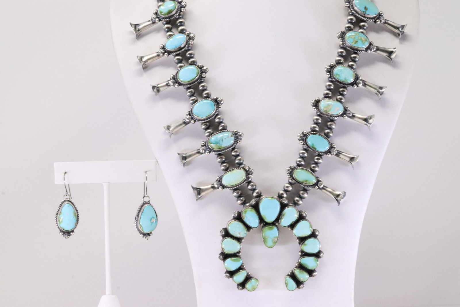 Native America Navajo Sterling Silver Sonora Gold Turquoise Squash Blossom Necklace & Earring's Set - 2