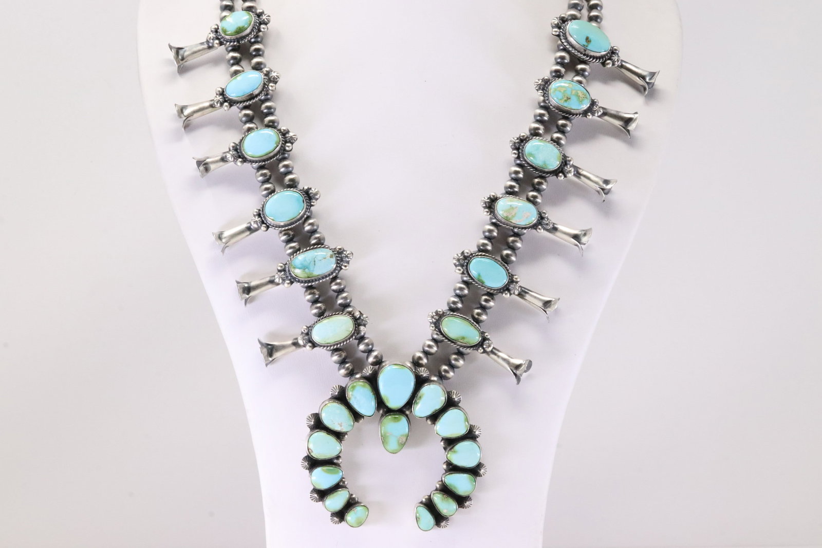 Native America Navajo Sterling Silver Sonora Gold Turquoise Squash Blossom Necklace & Earring's Set - 4