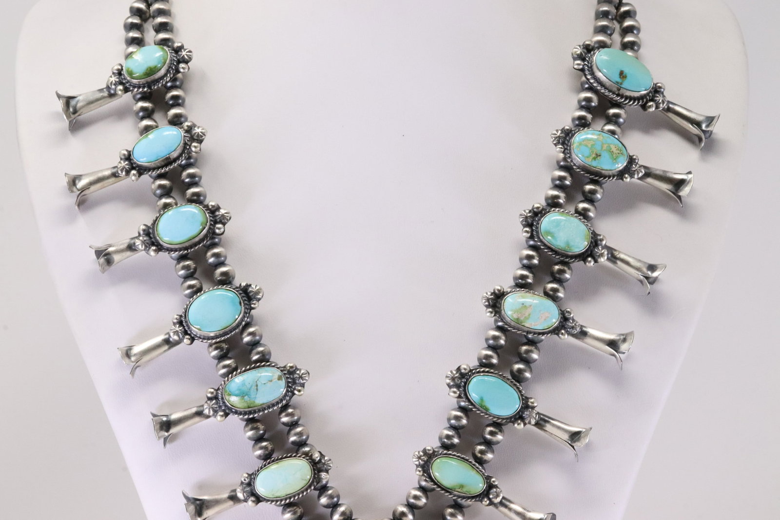 Native America Navajo Sterling Silver Sonora Gold Turquoise Squash Blossom Necklace & Earring's Set - 5