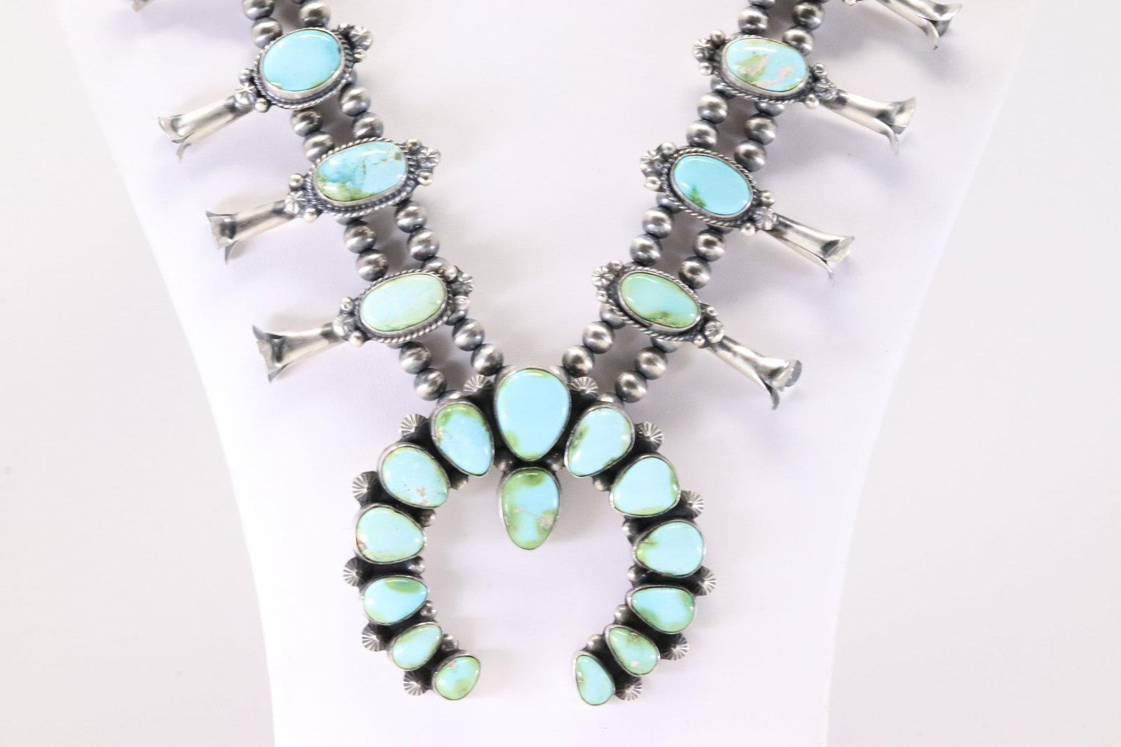 Native America Navajo Sterling Silver Sonora Gold Turquoise Squash Blossom Necklace & Earring's Set - 6