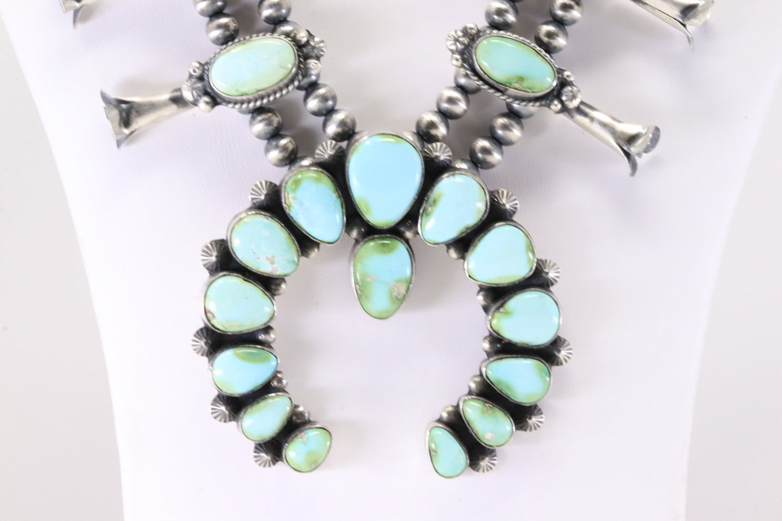 Native America Navajo Sterling Silver Sonora Gold Turquoise Squash Blossom Necklace & Earring's Set - 7