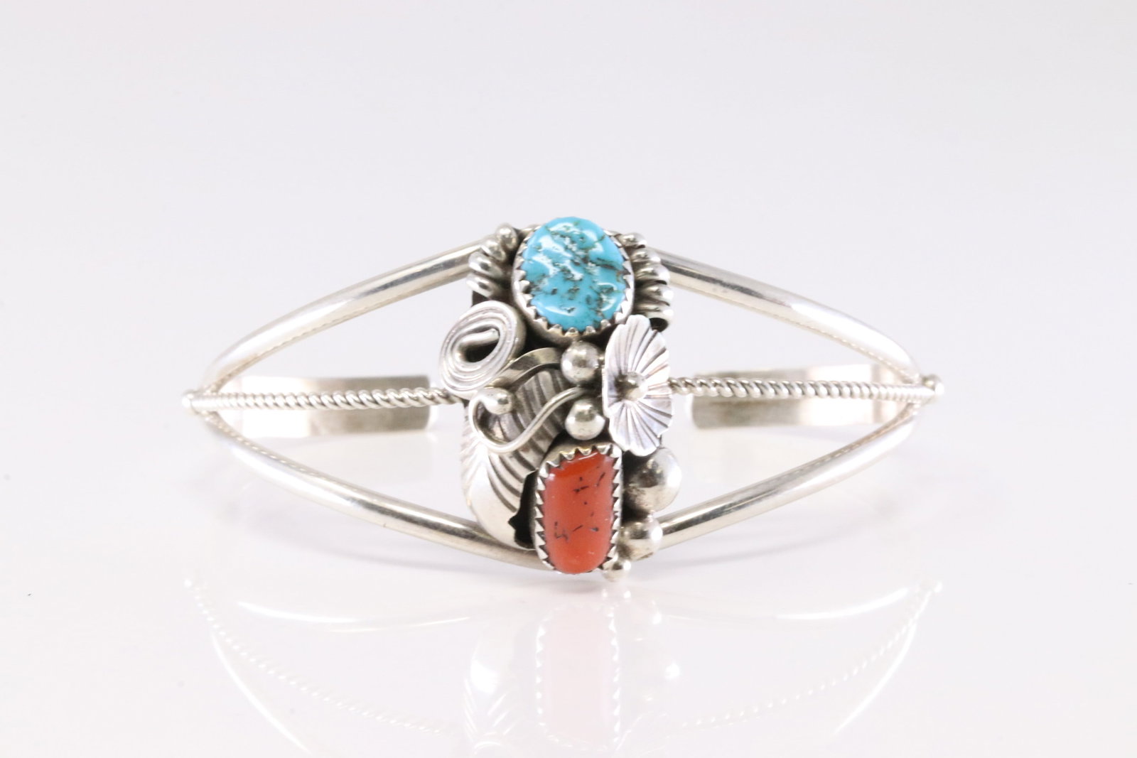 Native America Navajo Sterling Silver Coral & Turquoise Bracelet Cuff By Max Calladitto.: This is a Native America Navajo Sterling Silver Coral & Turquoise Bracelet Cuff By Max Calladitto. Stamp Max.C.