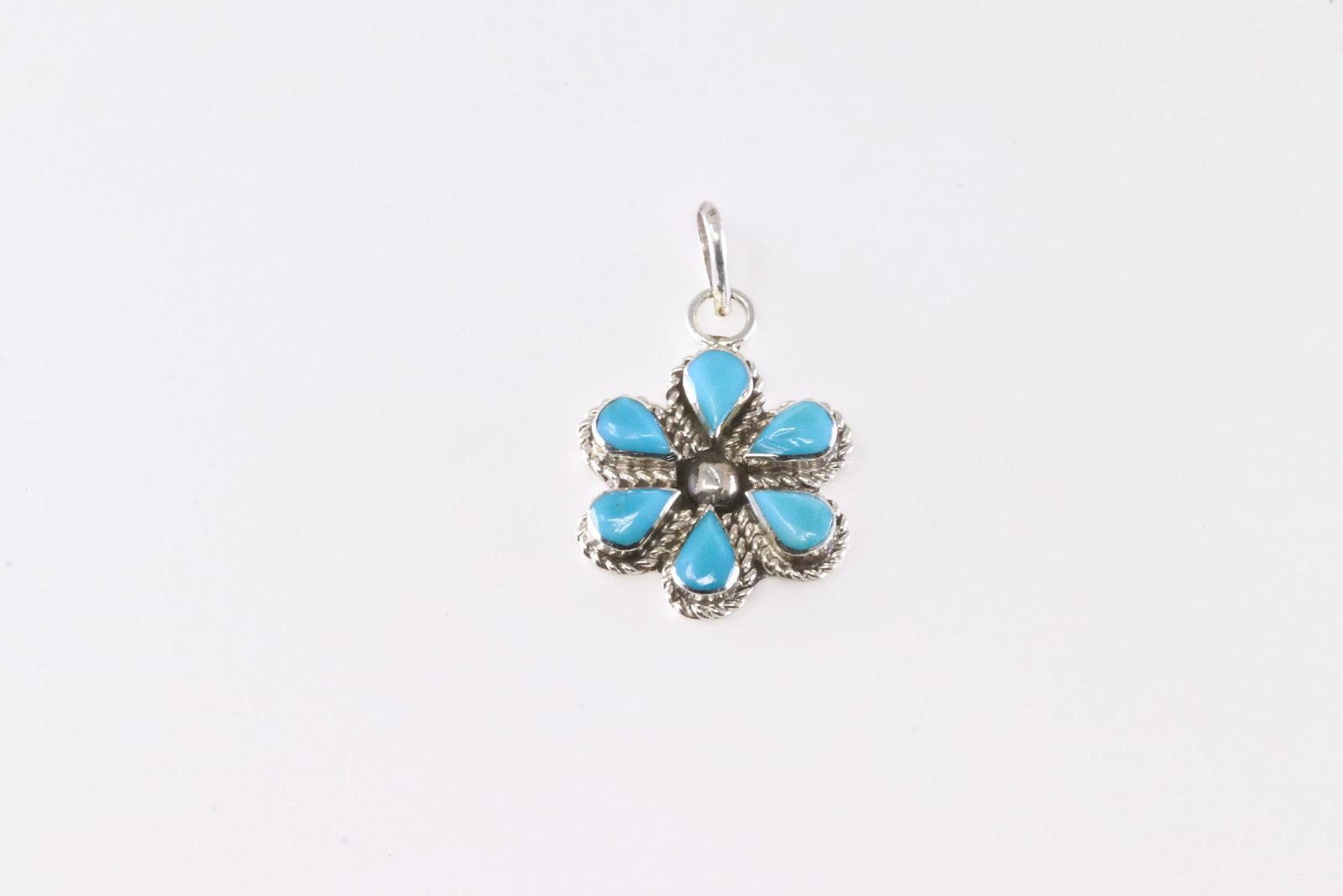 Native America Zuni Sterling Silver Turquoise Flower Pendant By CC.: This is a Native America Zuni Sterling Silver Turquoise Flower Pendant By CC. Stamp CC.