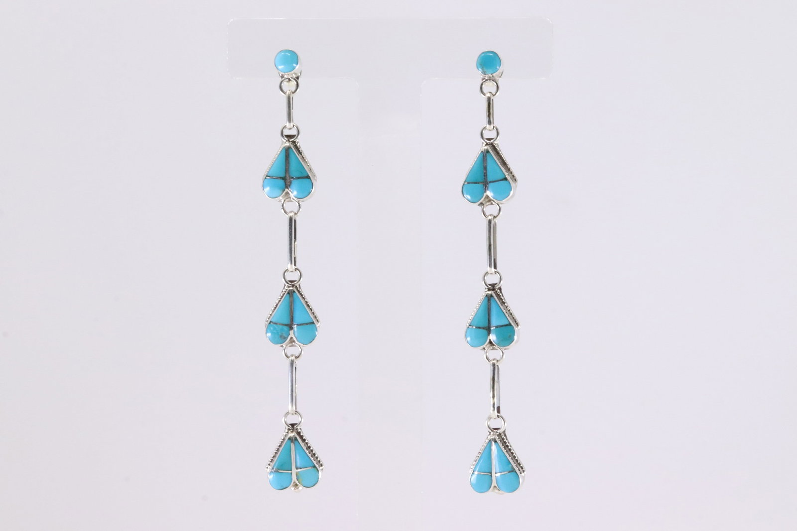 Native America Zuni Sterling Silver Turquoise Inlay Heart Dangling Earring's By Velda Nastacio. (1 of 4)