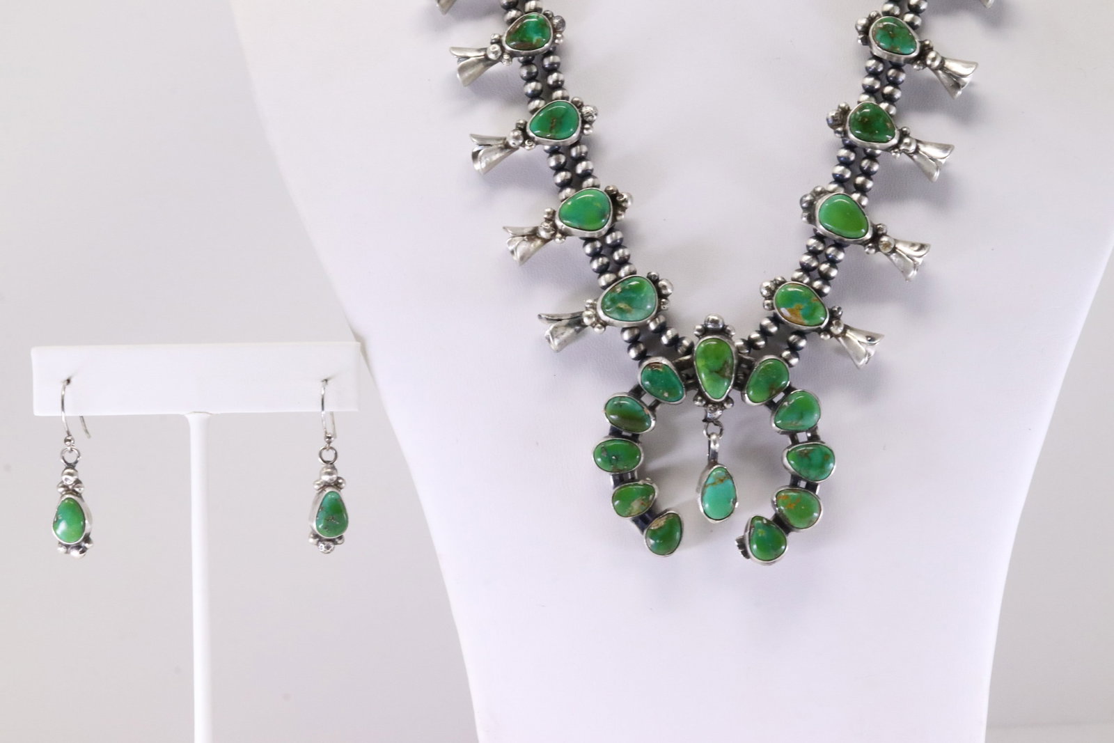 Native America Navajo Sterling Silver Sonora Gold Turquoise Baby Squash Blossom Necklace & Earring's: This is a Native America Navajo Sterling Silver Sonora Gold Turquoise Baby Squash Blossom Necklace & Earring's Set By B. Stamp B. Necklace Length: 18.00.
