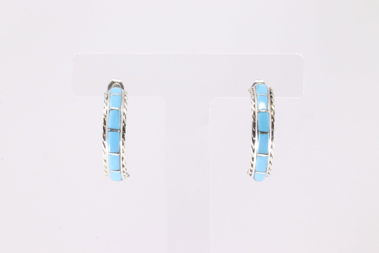 Native America Zuni Sterling Silver Turquoise Inlay Post Hoop Earring's By Malcolm Chavez. (1 of 4)