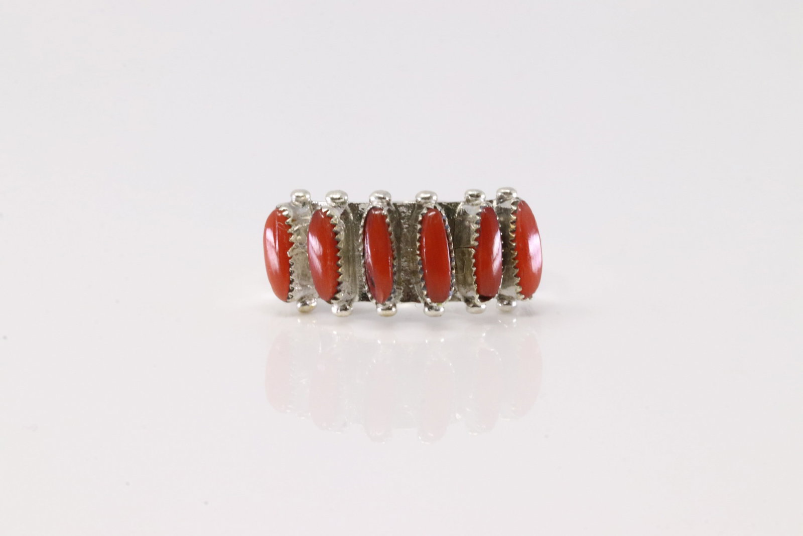 Native America Zuni Sterling Silver Coral Ring By Paloma.: This is a Native America Zuni Sterling Silver Coral Ring By Paloma. Stamp Paloma. Ring Size: 7.00.