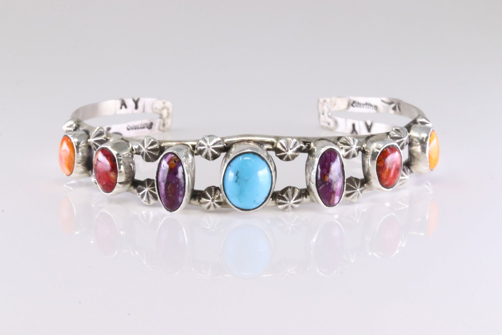 Native America Navajo Sterling Silver Multi-Color Stone Bracelet Cuff By AY. (1 of 4)