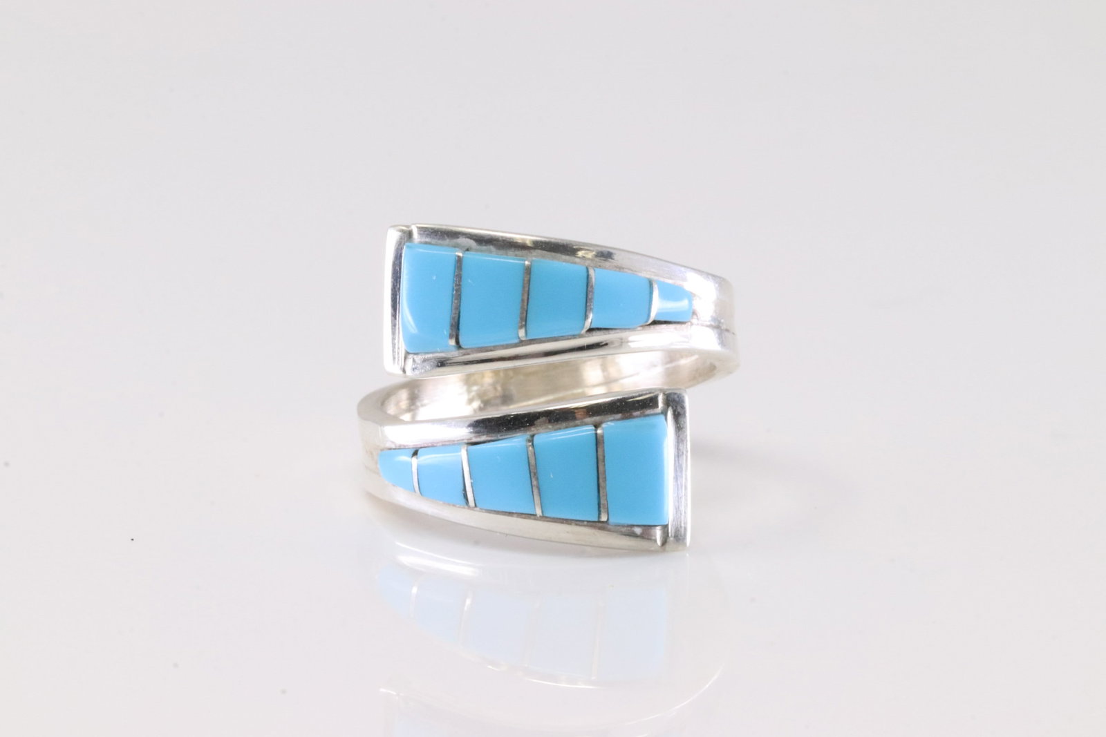Native American Zuni Sterling Silver Turquoise Inlay Ring By M.J.S. (1 of 4)
