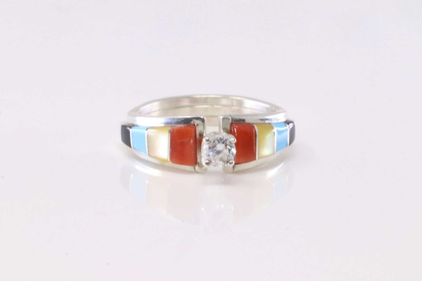 Native America Navajo Sterling Silver Multi-Color Inlay Engagment Ring By MJS. (1 of 4)