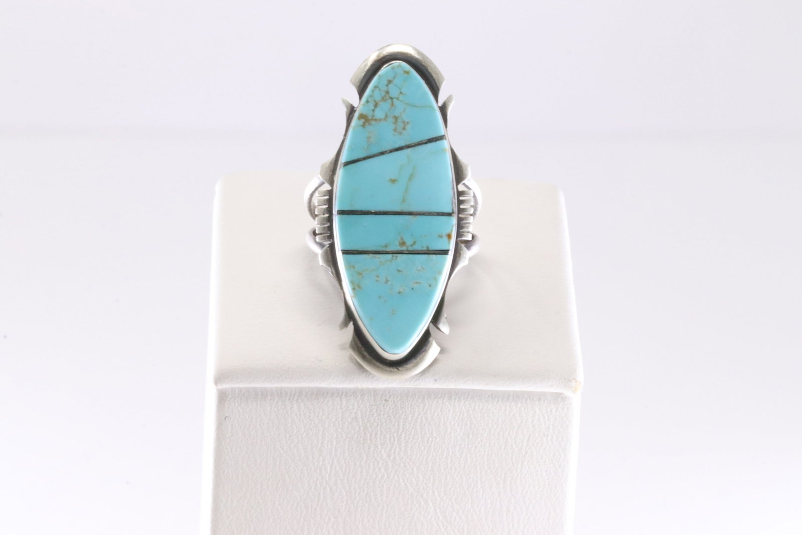 Native America Navajo Sterling Silver Turquoise Inlay Ring By SF.: This is a Native America Navajo Sterling Silver Turquoise Inlay Ring By SF. Stamp SF. Ring Size: 6.75.