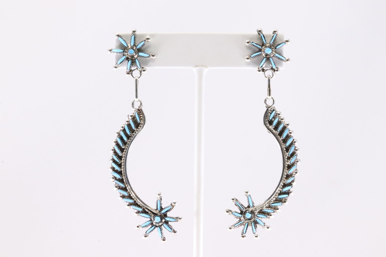 Native America Zuni Sterling Silver Turquoise Post Dangling Earring's By LM.: This is a Native America Zuni Sterling Silver Turquoise Post Dangling Earring's By LM. Stamp ML.