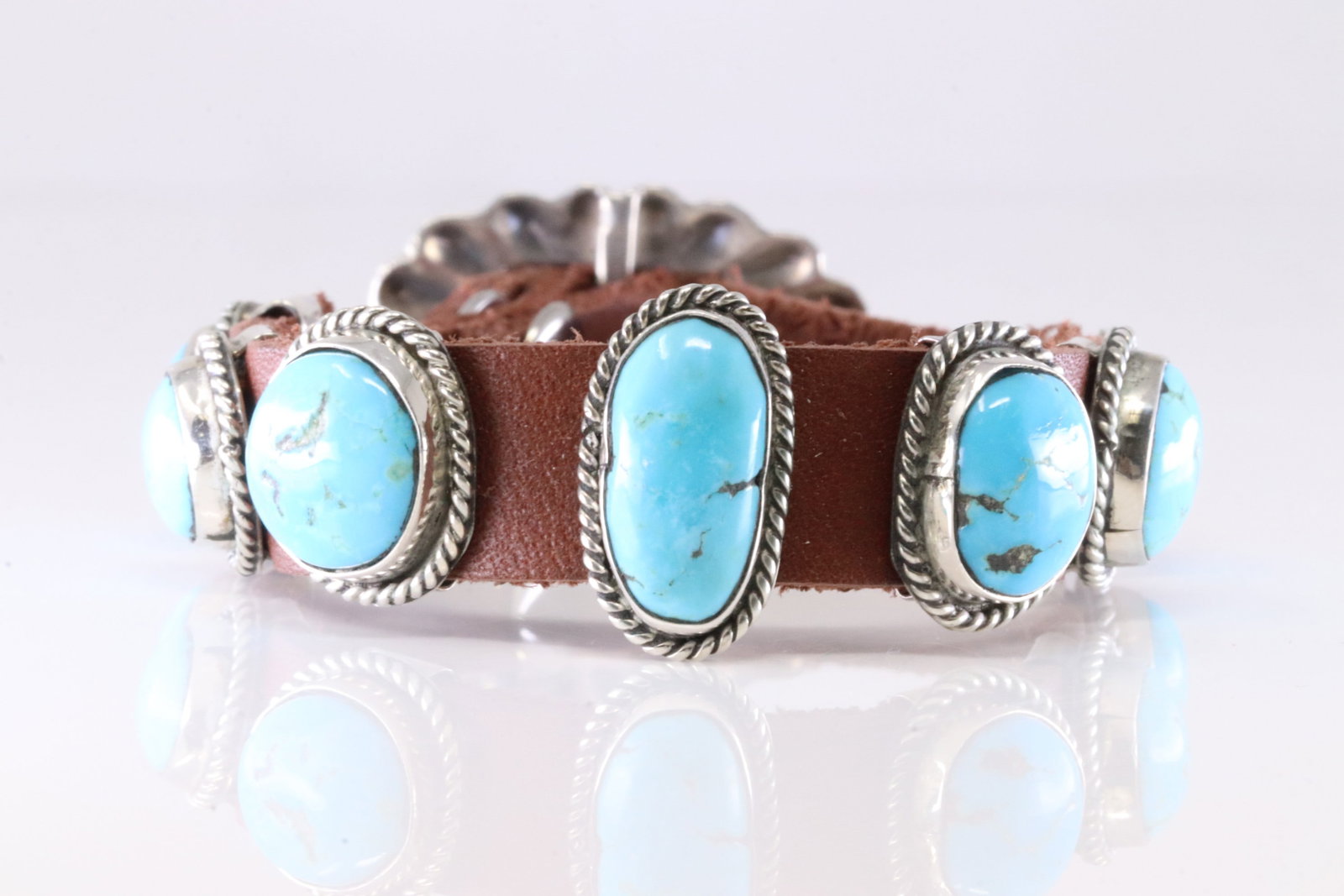 Native America Navajo Sterling Silver Turquoise Leather Bracelet By C.B. (1 of 4)