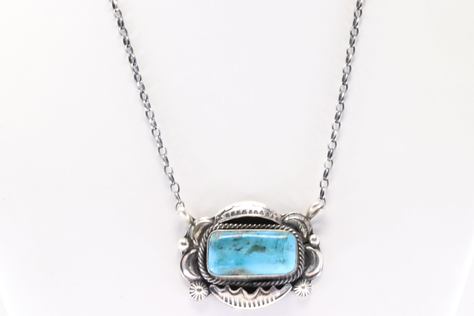 Native America Navajo Sterling Silver Turquoise Necklace By M.: This is a Native America Navajo Sterling Silver Turquoise Necklace By M. Stamp M. Necklace Length: 16.00.