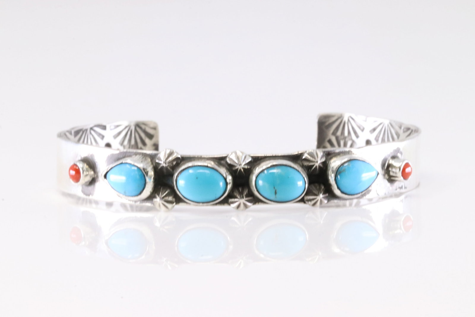 Native America Navajo Sterling Silver Coral & Turquoise Bracelet Cuff By AY. (1 of 4)