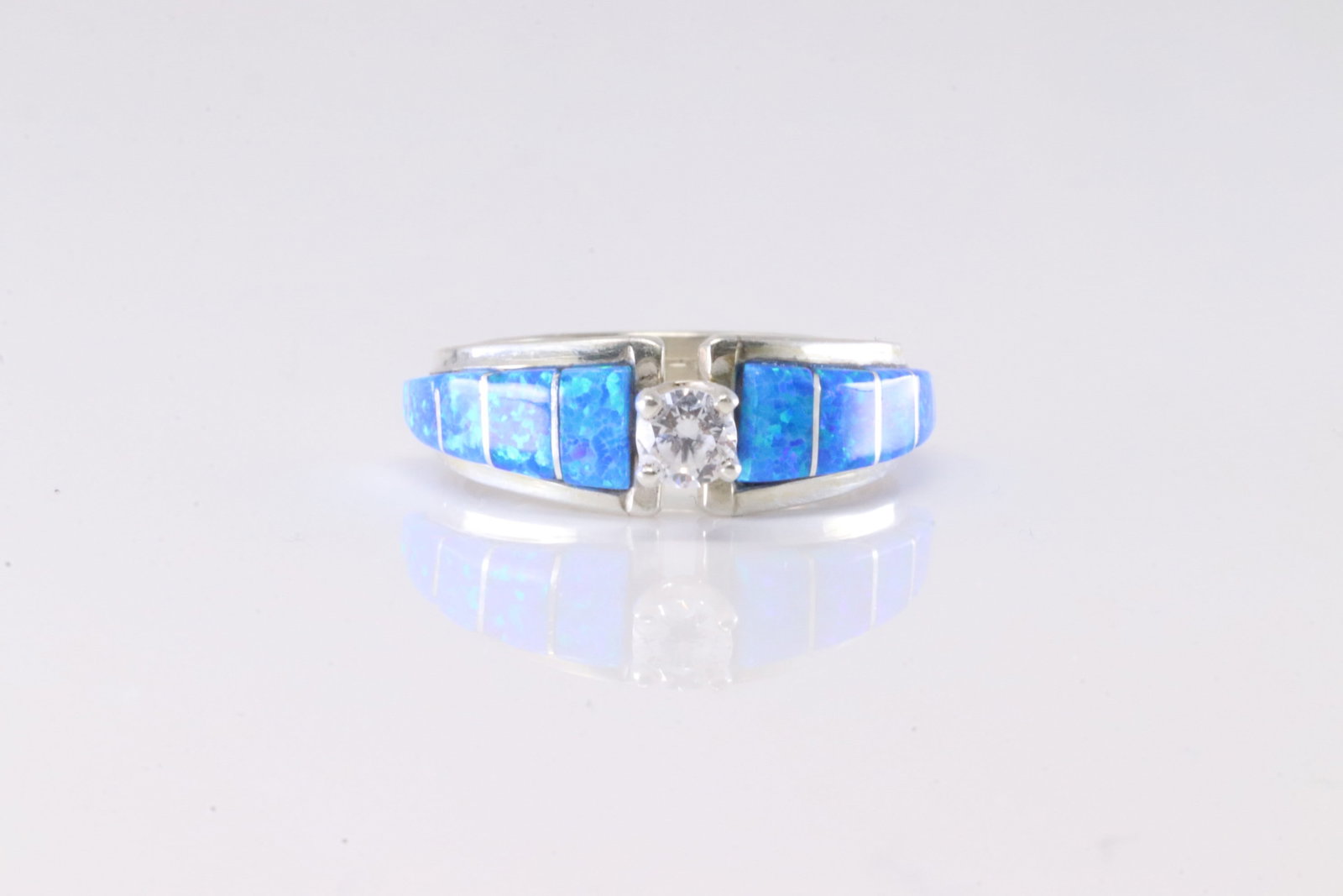 Native America Zuni Sterling Silver Blue Opal Inlay Engagment Ring By MJS.: This is a Native America Zuni Sterling Silver Blue Opal Inlay Engagment Ring By MJS. Stamp MJS. Ring Size: 5.50.