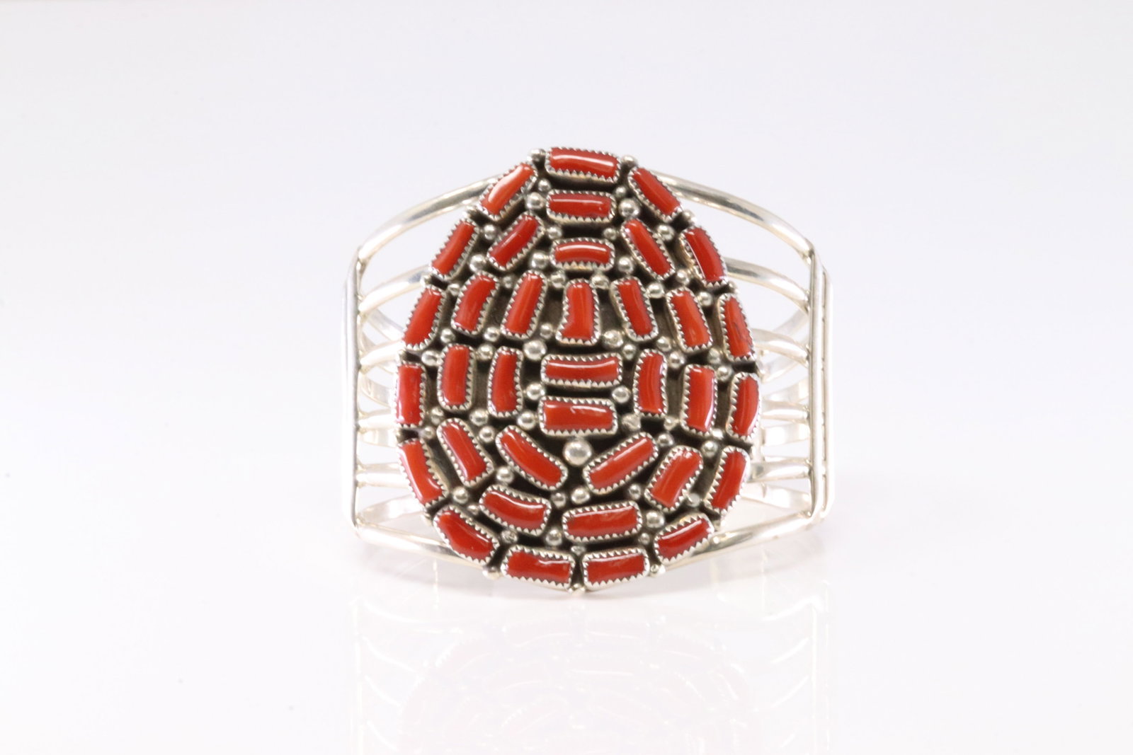 Native America Navajo Sterling Silver Coral Cluster Bracelet Cuff By M.H.: This is a Native America Navajo Sterling Silver Coral Cluster Bracelet Cuff By M.H. Stamp MH.