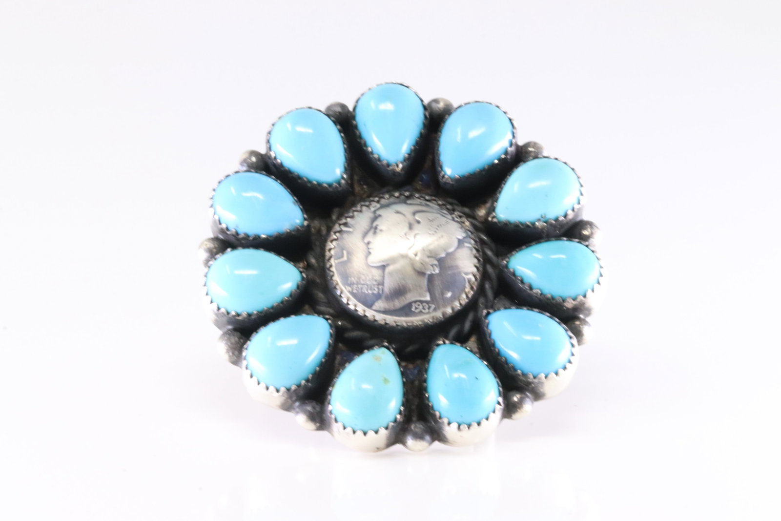 Native America Navajo Sterling Silver Liberty Coin Turquoise Ring By MJ.: This is a Native America Navajo Sterling Silver Liberty Coin Turquoise Ring By MJ. Stamp MJ. Ring Size: 5.50.