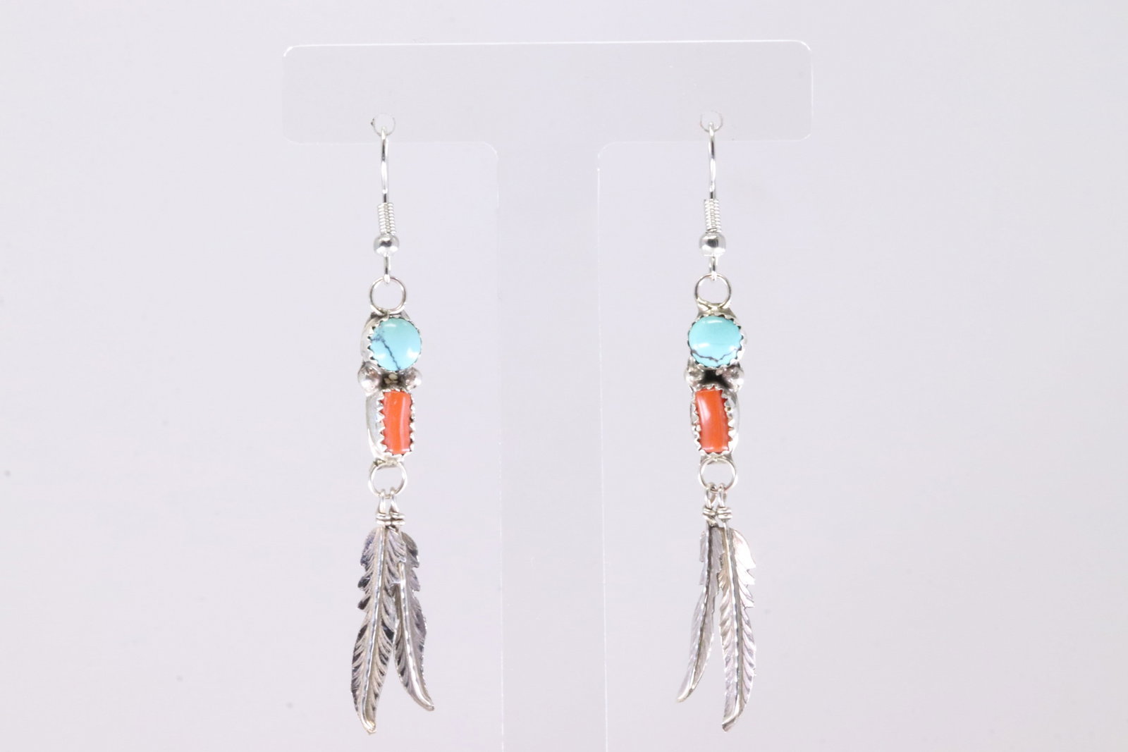 Native America Navajo Sterling Silver Coral & Turquoise Feather Dangling Earring's By RL. (1 of 4)