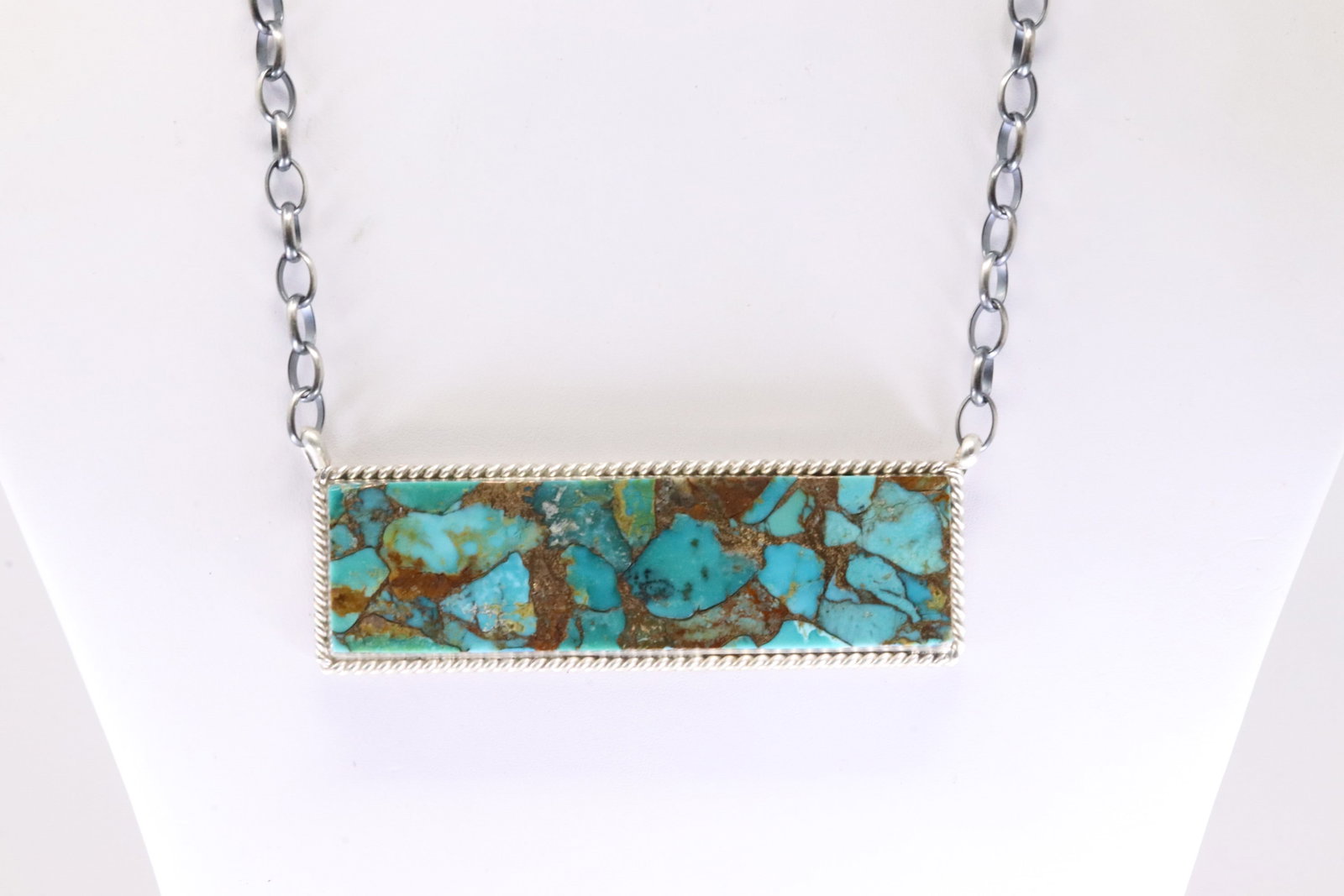 Native American Navajo Sterling Silver Kingman Turquoise Necklace By Brandon Etcitty. (1 of 4)