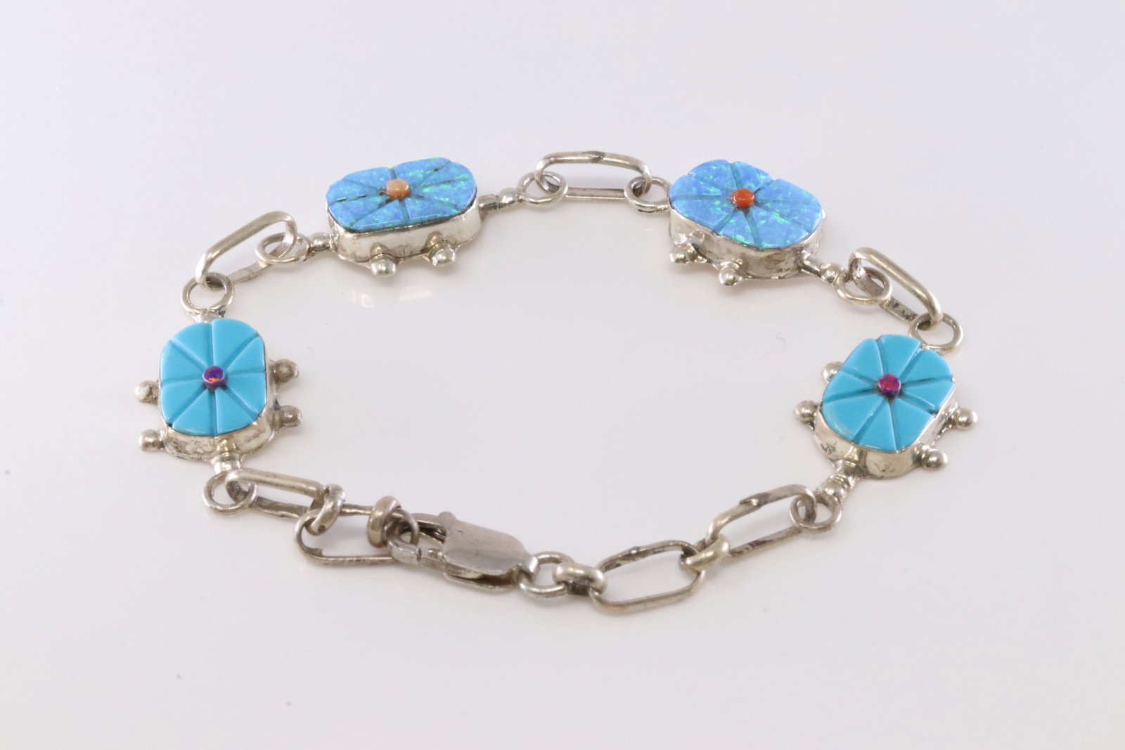 Native America Zuni Sterling Silver Blue Opal & Turquoise Bracelet Link By A.: This is a Native America Zuni Sterling Silver Blue Opal & Turquoise Bracelet Link By A. Stamp A. Bracelet Length: 7.00.