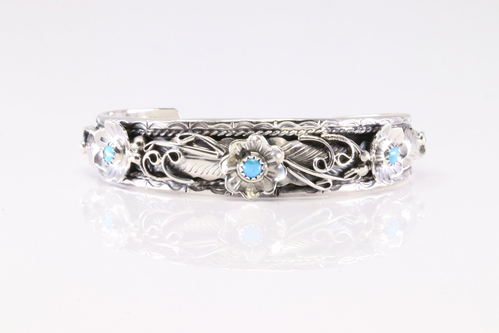 Native America Navajo Sterling Silver Turquoise Bracelet Floral Cuff By Bessie Joe. (1 of 4)