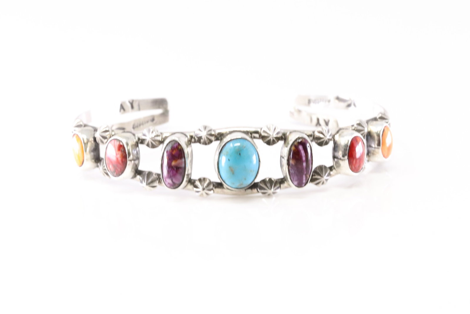 Native America Navajo Sterling Silver Multi-Color Stone Bracelet Cuff By A.Y.: This is a Native America Navajo Sterling Silver Multi-Color Stone Bracelet Cuff By A.Y. Stamp AY.