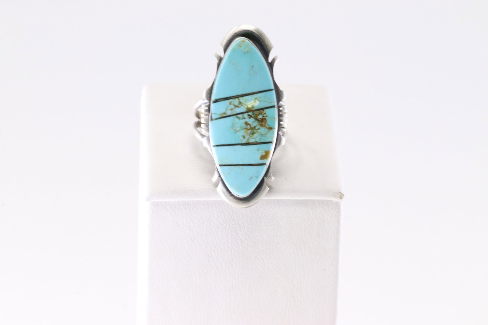 Native America Navajo Sterling Silver Turquoise Inlay Ring By SF.: This is a Native America Navajo Sterling Silver Turquoise Inlay Ring By SF. Stamp SF. Ring Size: 6.75.