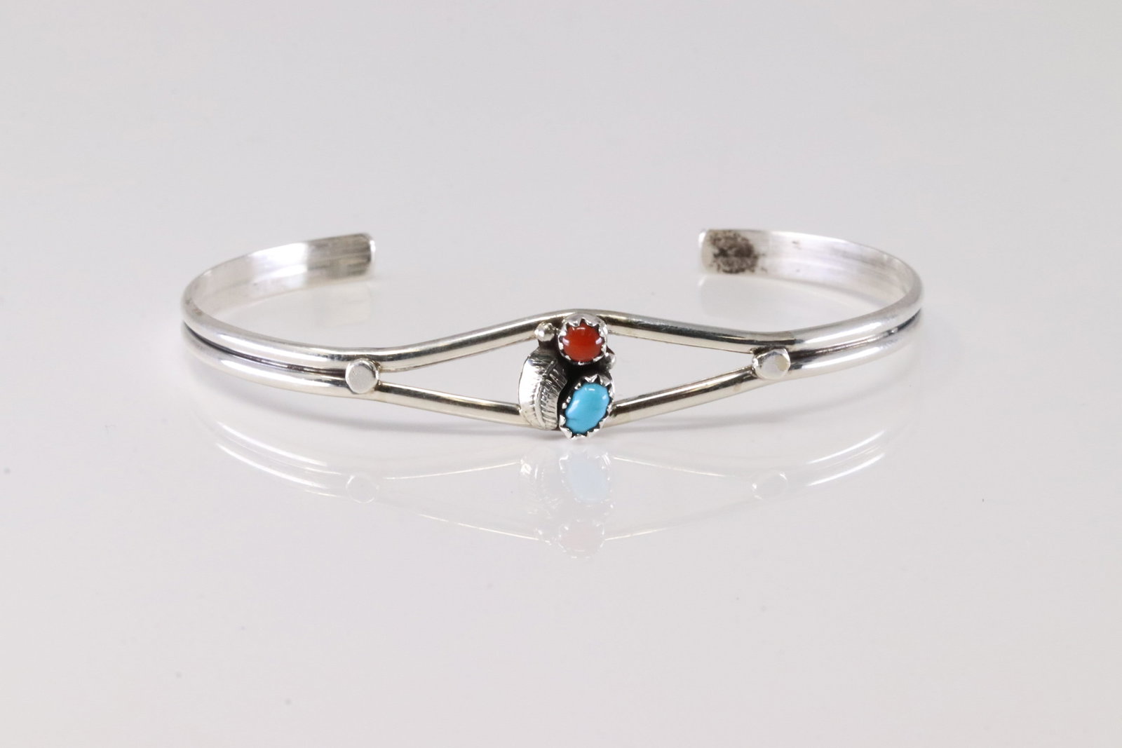 America Sterling Silver Coral & Turquoise Bracelet Cuff.: This is a America Sterling Silver Coral & Turquoise Bracelet Cuff.