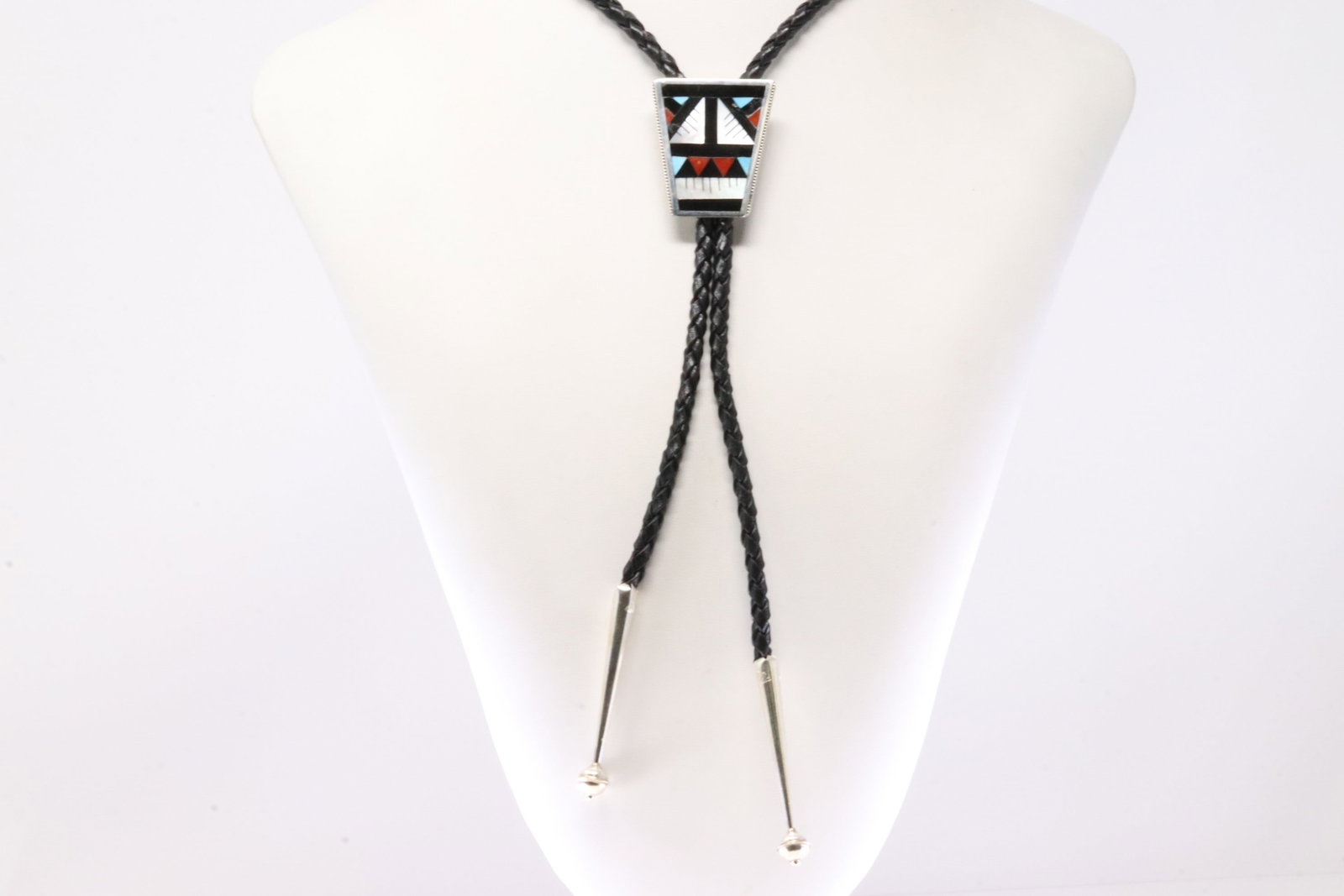 Native America Zuni Sterling Silver Multi-Color Stone Inlay Bolo Tie Necklace By Leander & Lisa.: This is a Native America Zuni Sterling Silver Multi-Color Stone Inlay Bolo Tie Necklace By Leander & Lisa. Necklace length: 40.00"