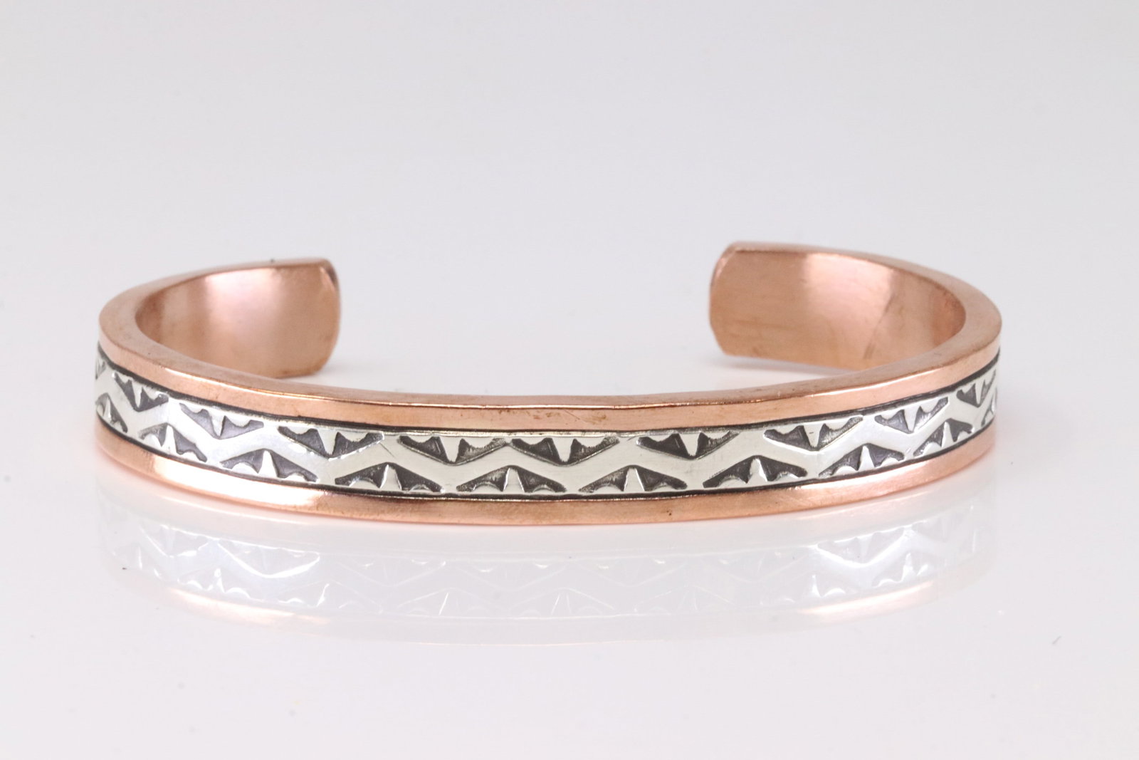 Native America Copper Sterling Silver Stamped Bracelet Cuff By JG.: This is a Native America Copper Sterling Silver Stamped Bracelet Cuff By JG. Stamp JG.
