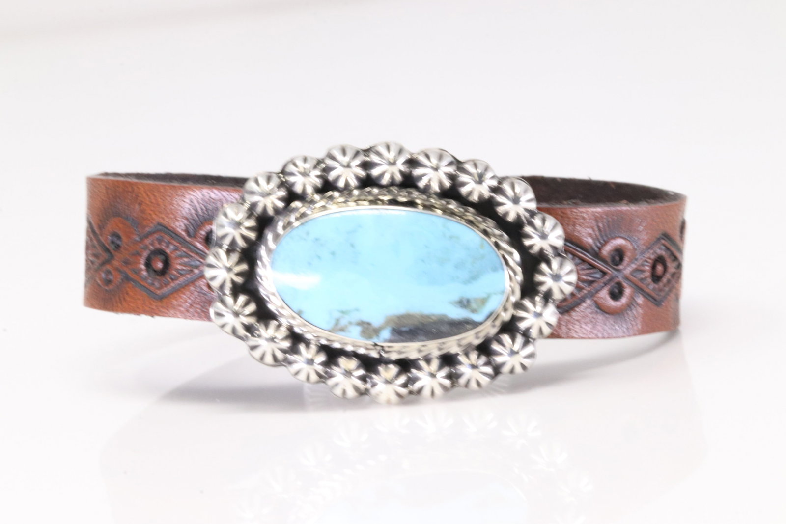 Native American Navajo Sterling Silver Turquoise Leather Bracelet Cuff By Suzanna Johnson.: This is a Native American Navajo Sterling Silver Turquoise Leather Bracelet Cuff By Suzanna Johnson. Bracelet Length: 7.50.