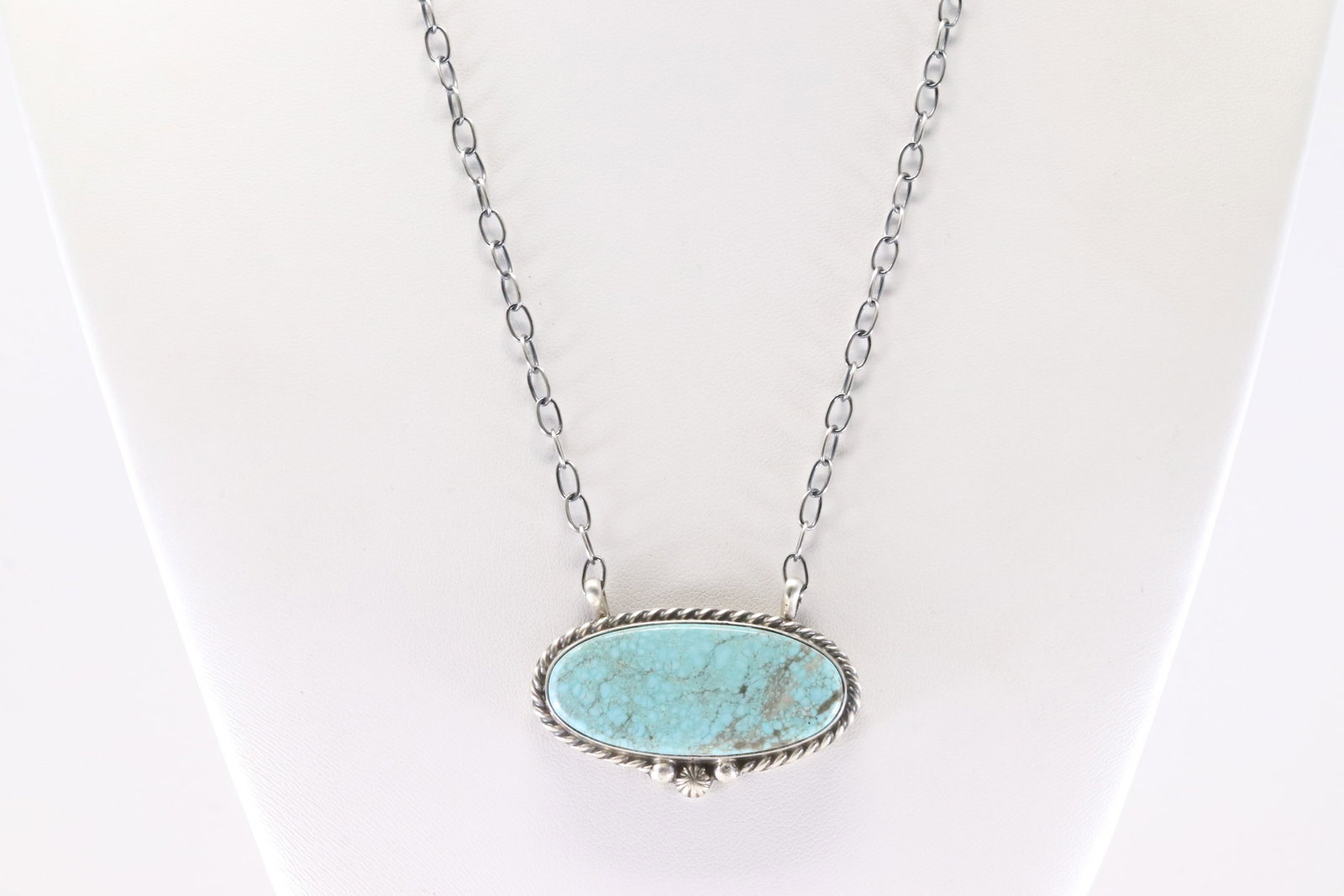 Native America Navajo Sterling Silver Number 8 Turquoise Necklace By Chassity Belone.: This is a Native America Navajo Sterling Silver Number 8 Turquoise Necklace By Chassity Belone. Stamp C Belone. Necklace length: 18.00"