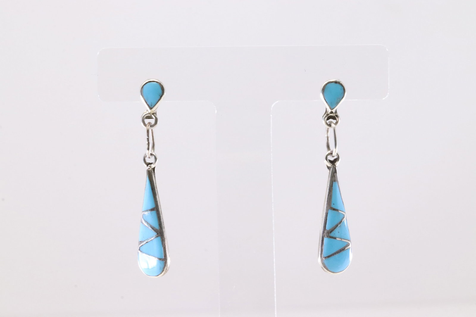 Native America Zuni Sterling Silver Turquoise Inlay Post Dangling Earring's By AA.: This is a Native America Zuni Sterling Silver Turquoise Inlay Post Dangling Earring's By AA. Stamp AA.