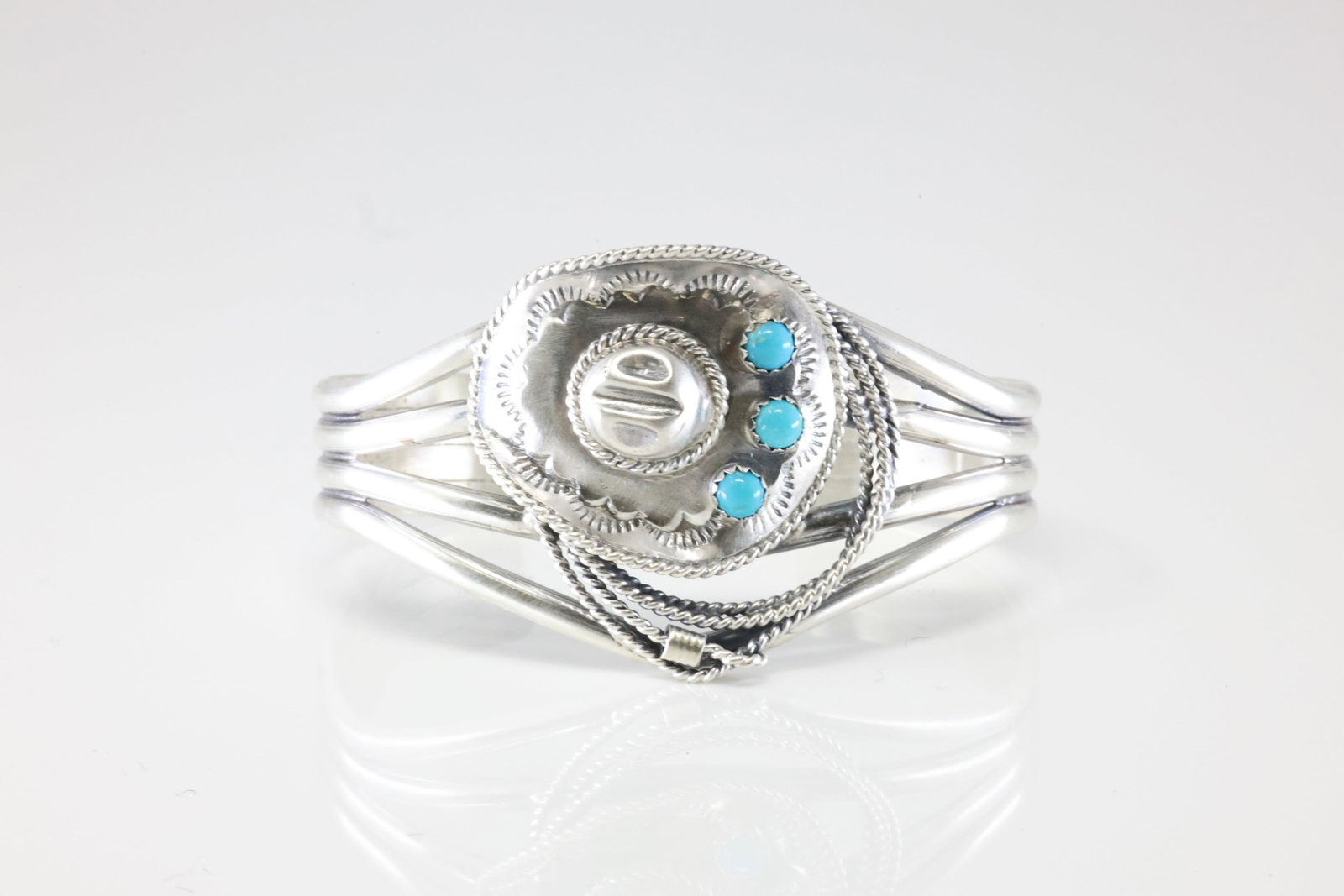 Native America Navajo Sterling Silver Turquoise Cowboy Hat Bracelet Cuff By Bobby Platero.: This is a Native America Navajo Sterling Silver Turquoise Cowboy Hat Bracelet Cuff By Bobby Platero. Stamp By R.B Company.