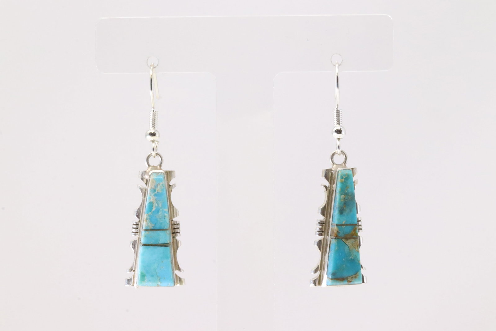 Native America Navajo Sterling Silver Kingman Turquoise Inlay Dangling Earring's By Steve Francisco.: This is a Native America Navajo Sterling Silver Kingman Turquoise Inlay Dangling Earring's By Steve Francisco. Stamp SF.