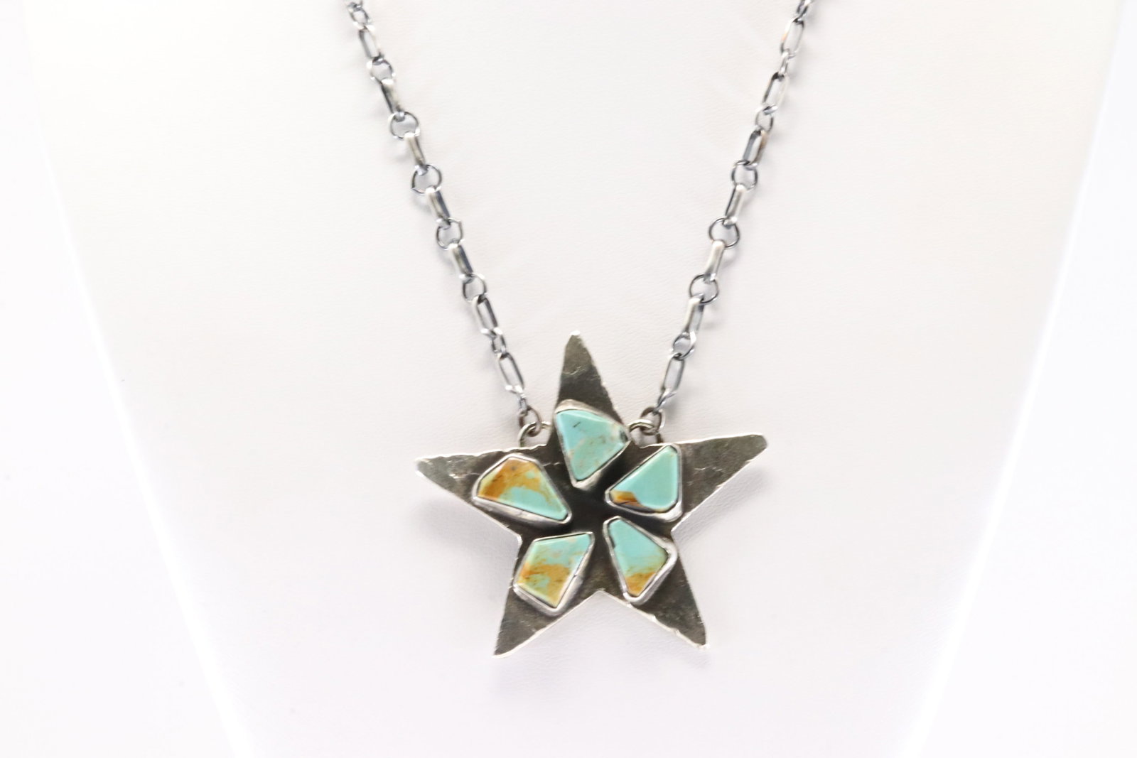 Native America Zuni Sterling Silver Kingman Turquoise Star Necklace By Jude Candelaria.: This is a Native America Zuni Sterling Silver Kingman Turquoise Star Necklace By Jude Candelaria. Necklace length: 18.00"