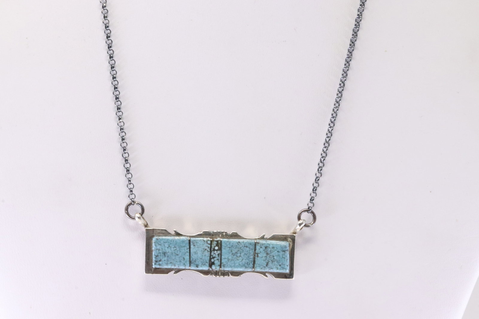 Native America Navajo Sterling Silver Kingman Turquoise Inlay Necklace By Steve Francisco.: This is a Native America Navajo Sterling Silver Kingman Turquoise Inlay Necklace By Steve Francisco. Stamp SF. Necklace Length: 16.00.