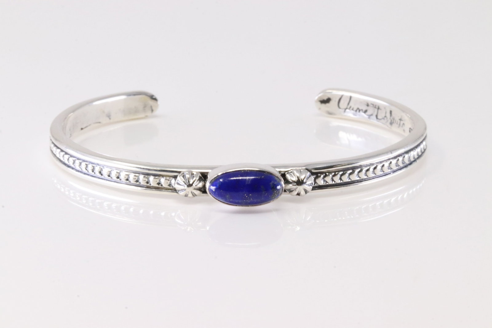 Native America Navajo Sterling Silver Lapis Bracelet Cuff By June Delgarito. (1 of 4)