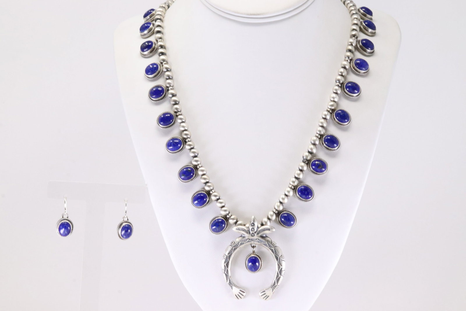 Native America Navajo Sterling Silver Lapis Necklace & Earring's Set By T.: This is a Native America Navajo Sterling Silver Lapis Necklace & Earring's Set By T. Stamp T. Necklace Length: 26.00.