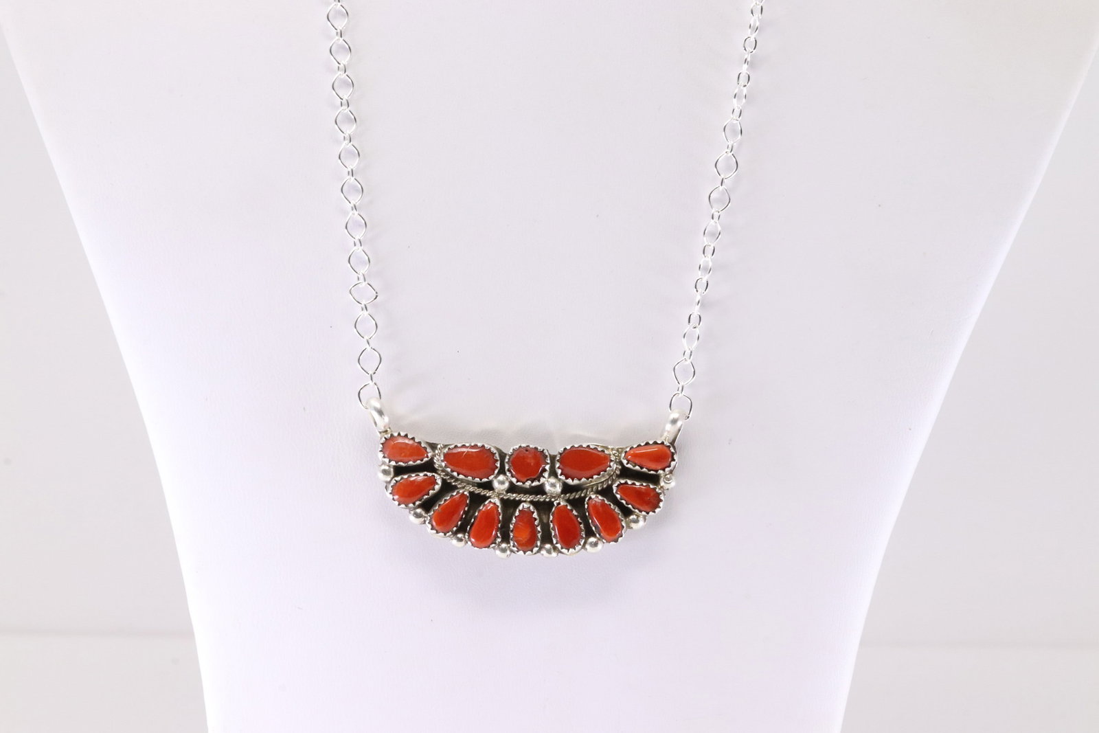 Native America Navajo Sterling Silver Coral Necklace By EJW.: This is a Native America Navajo Sterling Silver Coral Necklace By EJW. Stamp EJW. Necklace Length: 18.00.