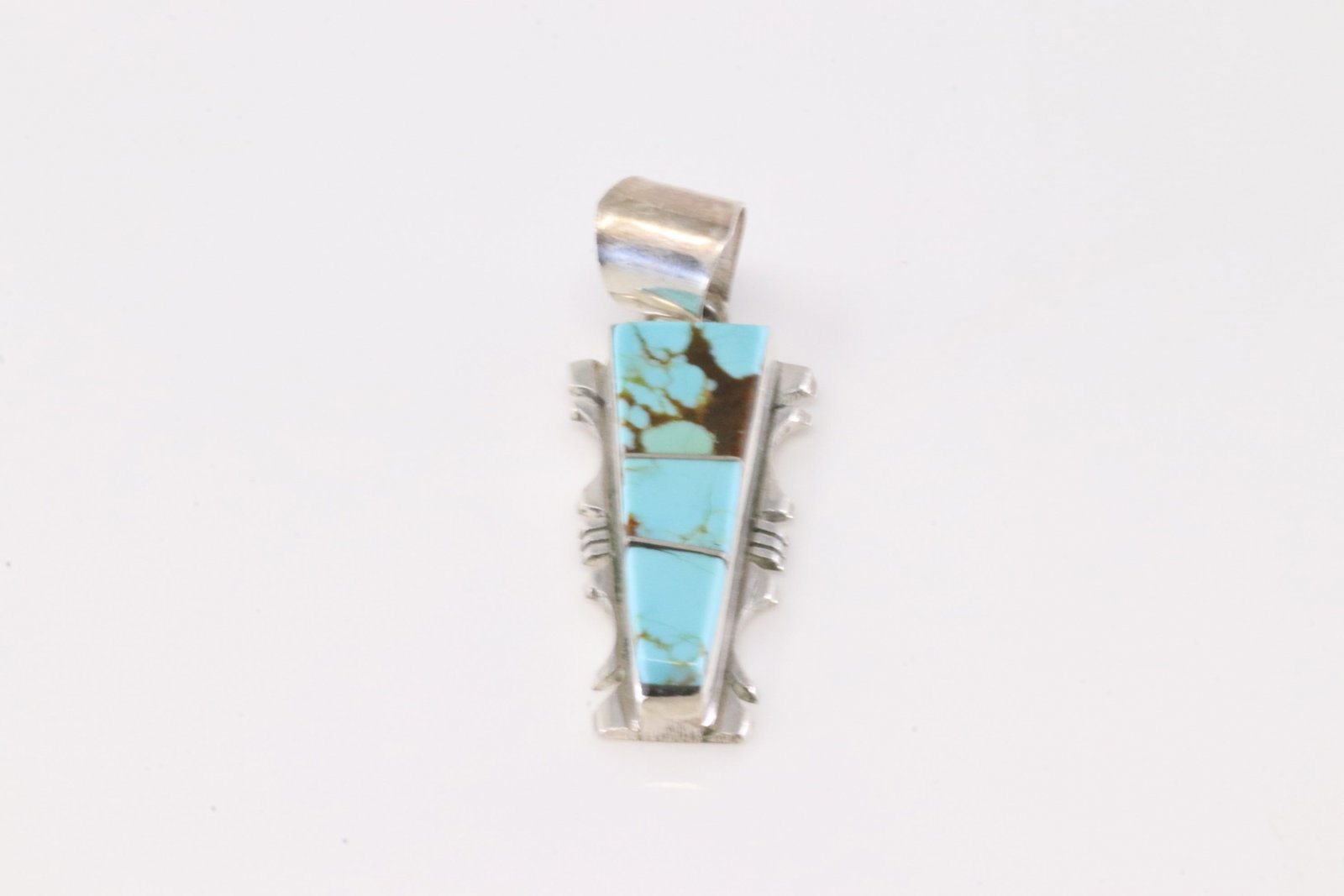 Native America Navajo Sterling Silver Turquoise Inlay Pendant By SF.: This is a Native America Navajo Sterling Silver Turquoise Inlay Pendant By SF. Stamp SF.
