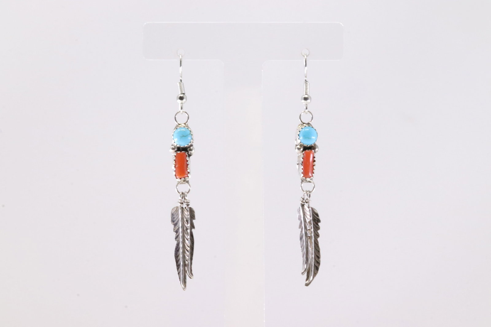 Native America Navajo Sterling Silver Coral & Turquoise Feather Dangling Earring's By RL.: This is a Native America Navajo Sterling Silver Coral & Turquoise Feather Dangling Earring's By RL. Stamp RL.