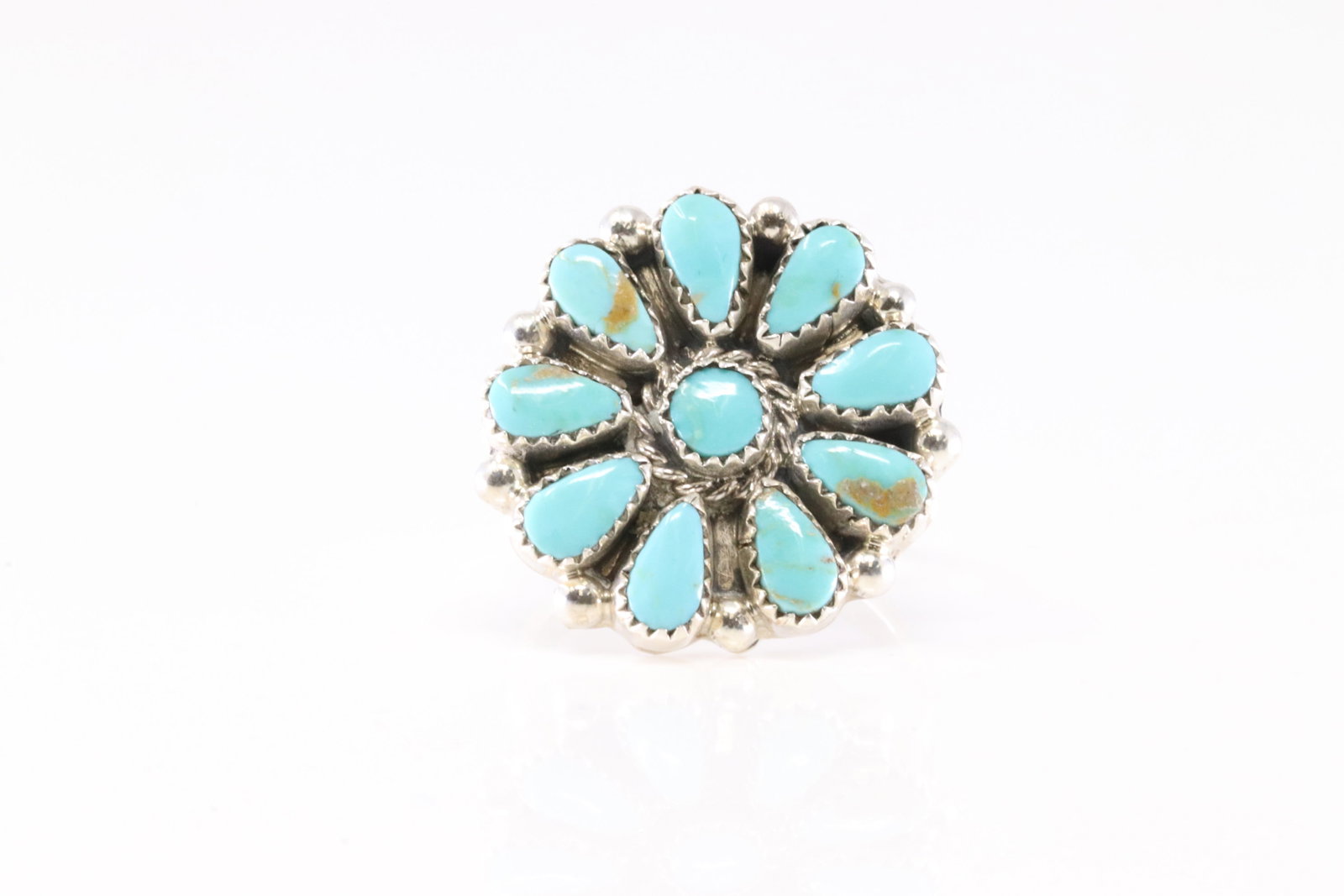 Native America Zuni Sterling Silver Turquoise Ring By AJW.: This is a Native America Zuni Sterling Silver Turquoise Ring By AJW. Stamp AJW. Ring size: 8.25.